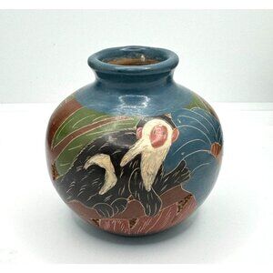 Handcrafted Nicaraguan Terracotta Pottery Monkey Vase With Colorful Tropical Des